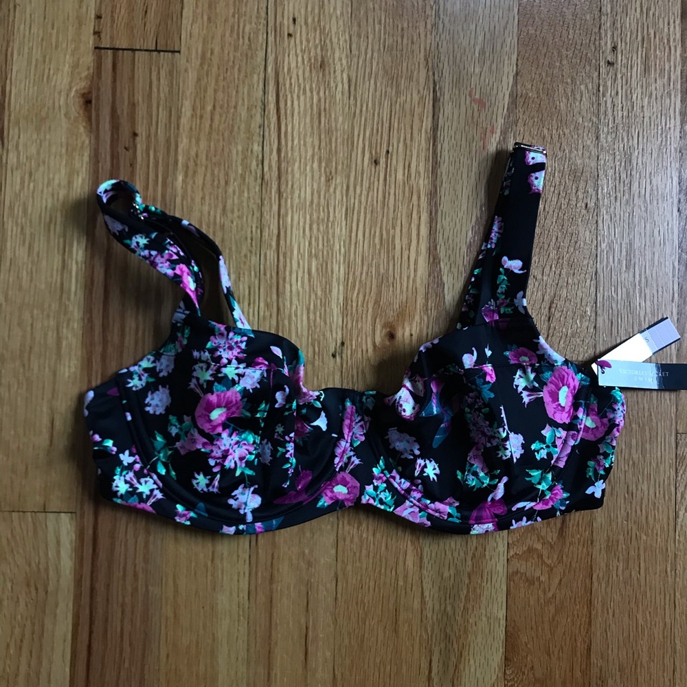 Victoria's Secret Wicked Black Floral Bikini Top Pink Green Accents 36C NWT